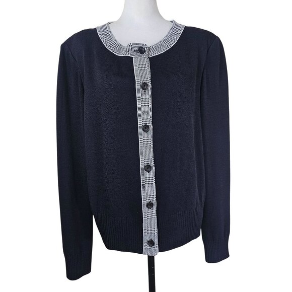 St. John Santana Knit Black Cardigan Sweater L Houndstooth Shimmer Trim Formal - Picture 1 of 12
